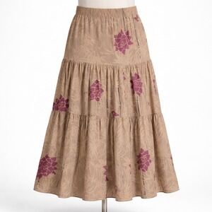 Vtg Y2K Fairy Grunge 100% Silk Skirt Sz 8 Tan‎ Brown Tiered Boho Floral Festival